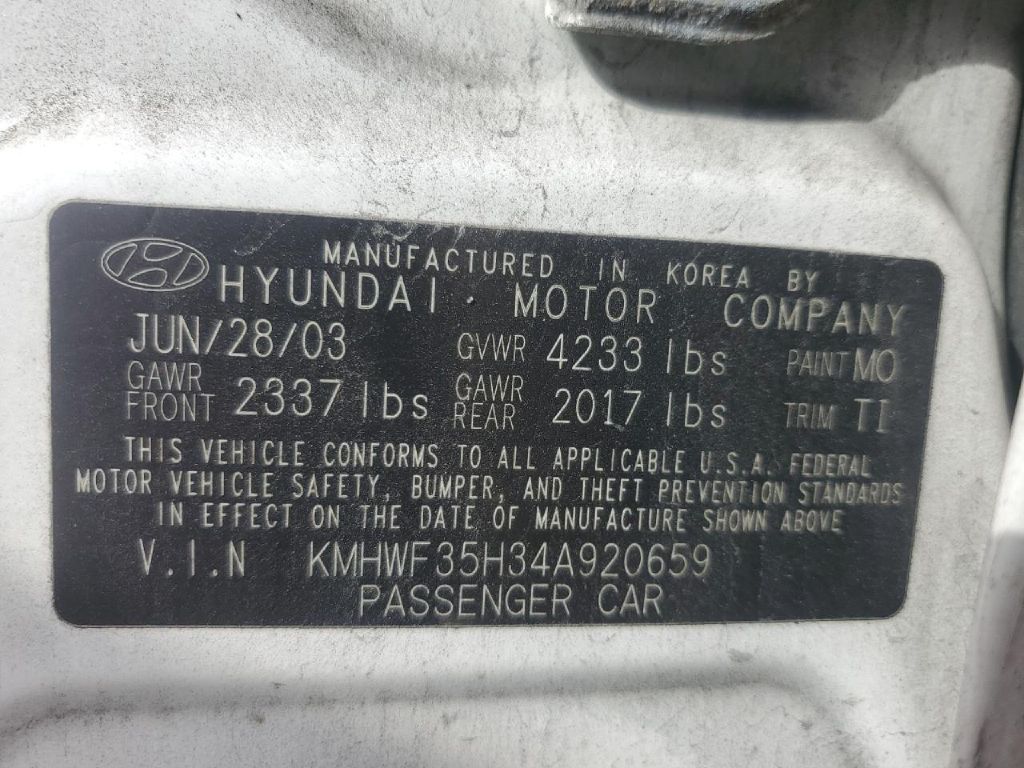 HYUNDAI SONATA 2004 HYUNDAI SONATA KMHWF35H34A920659