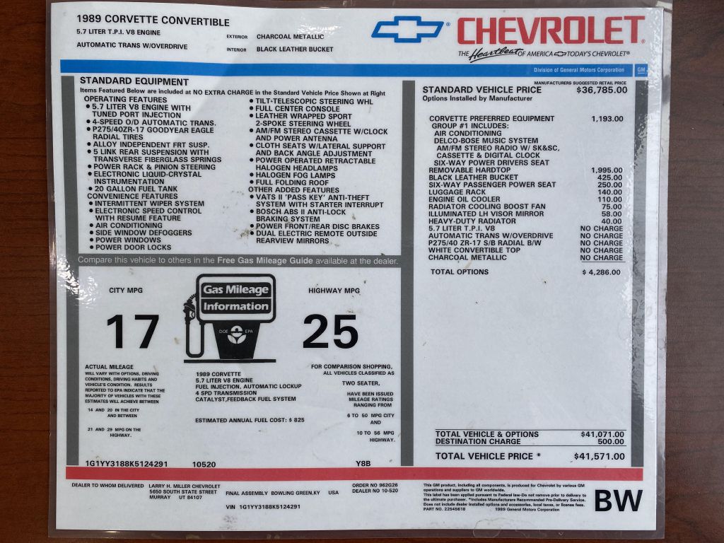 CHEVROLET CORVETTE 1989 CHEVROLET CORVETTE 1G1YY3188K5124291