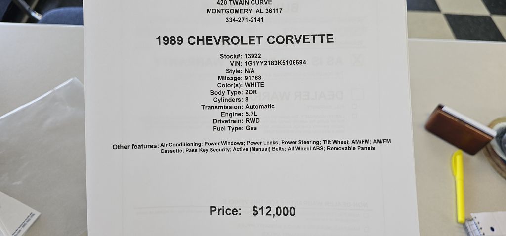 CHEVROLET CORVETTE 1989 CHEVROLET CORVETTE 1G1YY2183K5106694