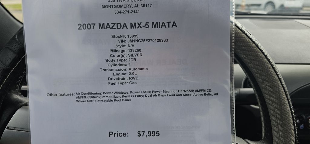 MAZDA MX-5 MIATA 2007 MAZDA MX-5 MIATA JM1NC25F270128983