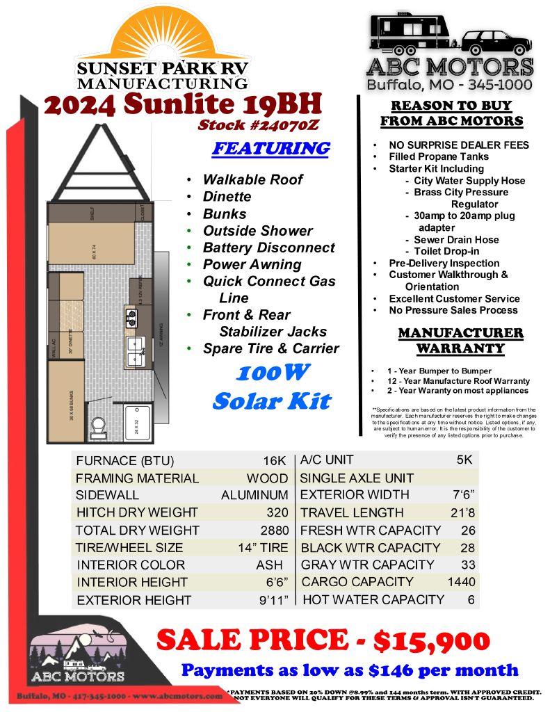 SUNSET PARK SUNLITE 19BH 2024 SUNSET PARK SUNLITE 19BH 7J3U1E117RS010699