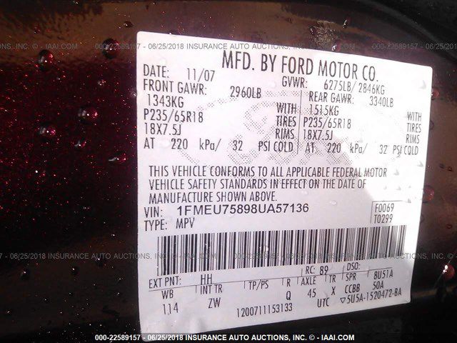 FORD EXPLORER 2008 FORD EXPLORER 1FMEU75898UA57136