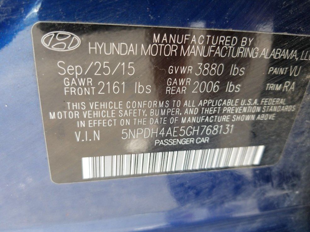 HYUNDAI ELANTRA 2016 HYUNDAI ELANTRA 5NPDH4AE5GH768131