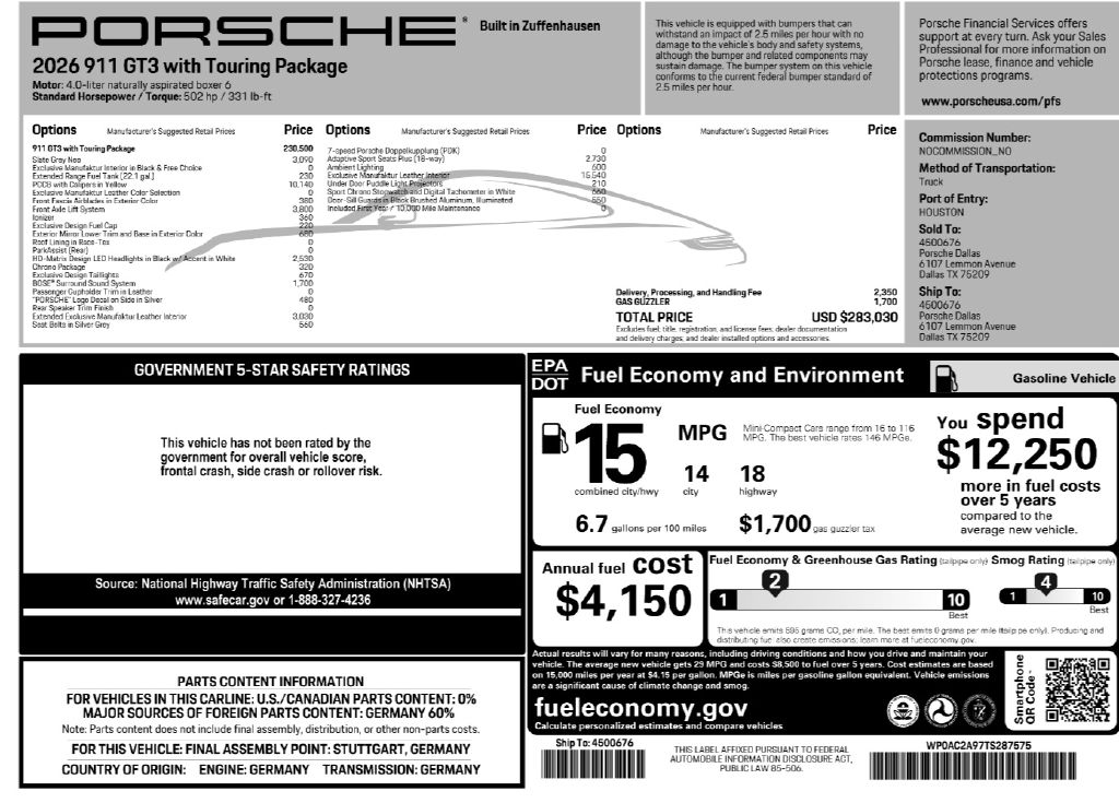 2026 Porsche 911 GT3 Touring Coupe RWD