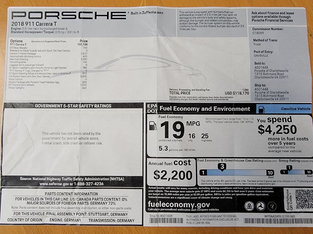 Image for 2018 Porsche 911 CARRERA T 7-Speed Manual - Upgraded!