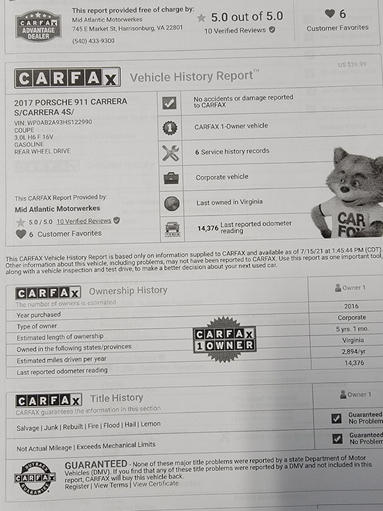 Image for 2017 Porsche 911 C4S CARRERA 1 Owner! PASM- Sport Seats +