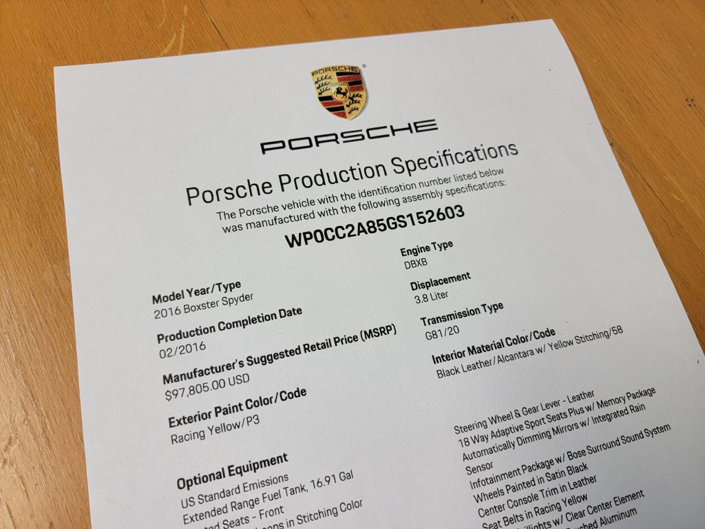 Image for 2016 Porsche BOXSTER SPYDER 6-Speed Manual 1 of 26 Yellow