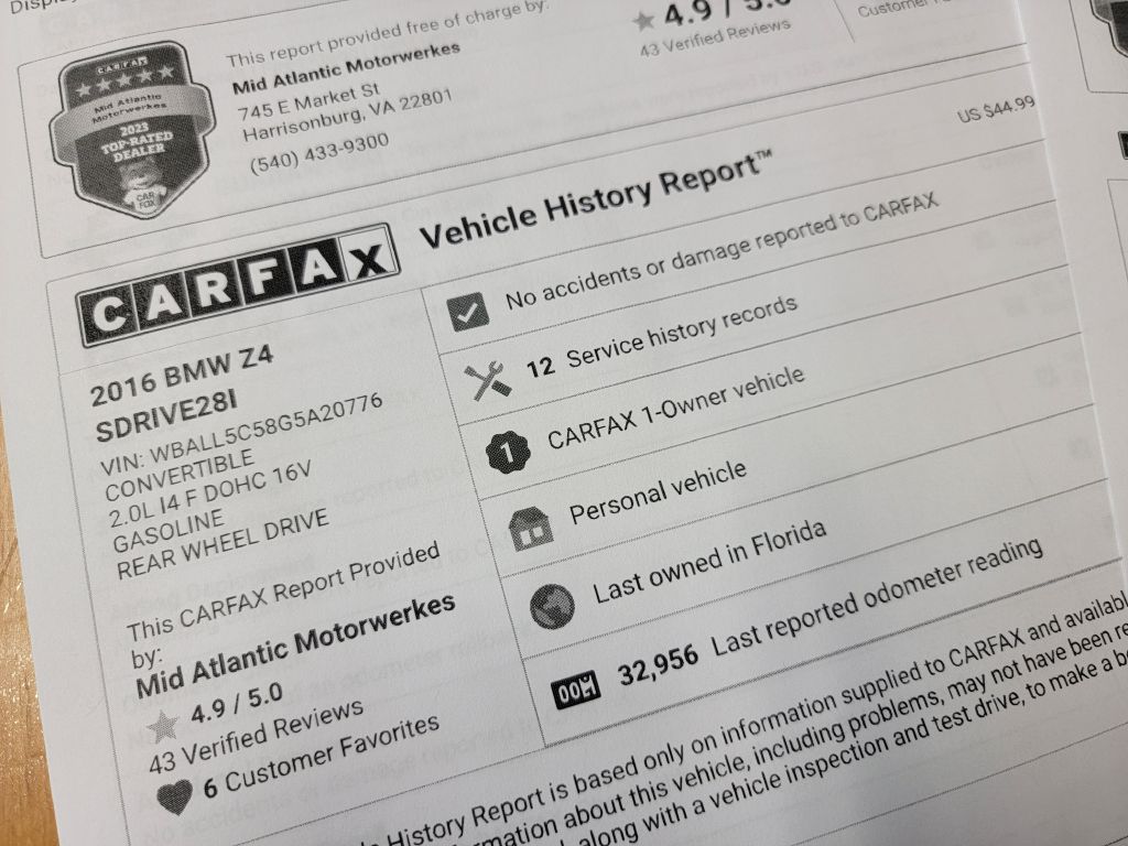 Image for 2016 BMW Z4 28I ROADSTER 1 Owner! Heated Seats-NAV!