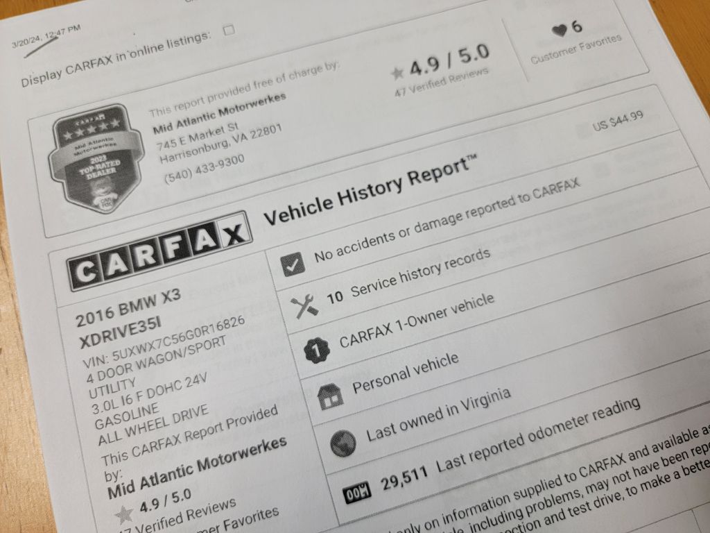 Image for 2016 BMW X3 XDRIVE 35I 1-Owner! MSport-H/K-Blind Spot