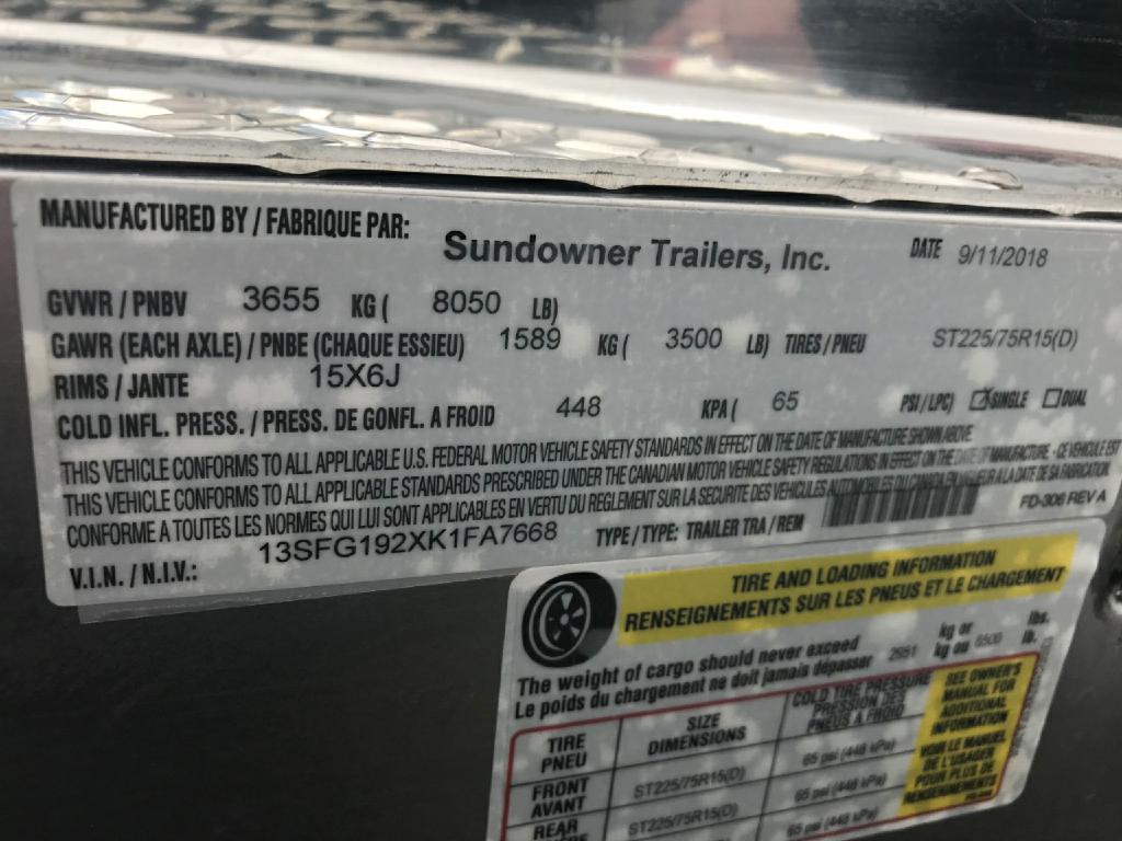 SUNDOWNER CAR HAULER 2019 SUNDOWNER CAR HAULER 13SFG192XK1FA7668