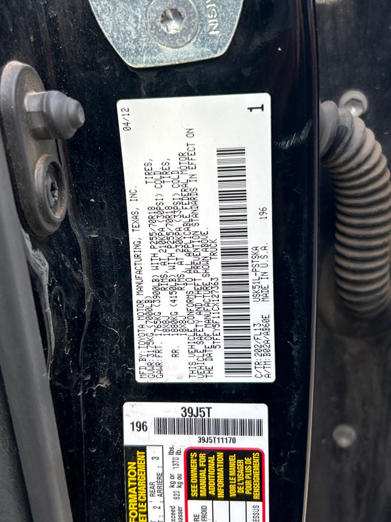 TOYOTA TUNDRA 2012 TOYOTA TUNDRA 5TFEY5F11CX127363