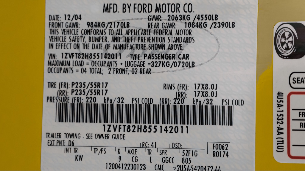 FORD MUSTANG 2005 FORD MUSTANG 1ZVFT82H855142011