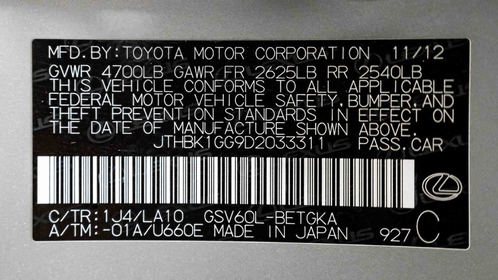 LEXUS ES 2013 LEXUS ES JTHBK1GG9D2033311