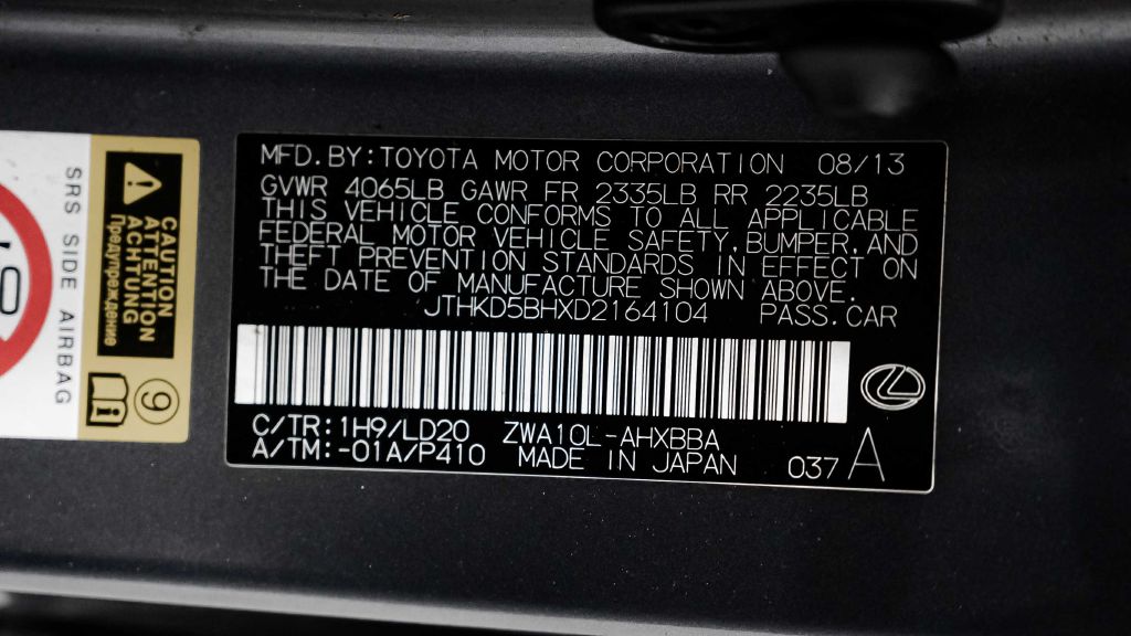 LEXUS CT 2013 LEXUS CT JTHKD5BHXD2164104